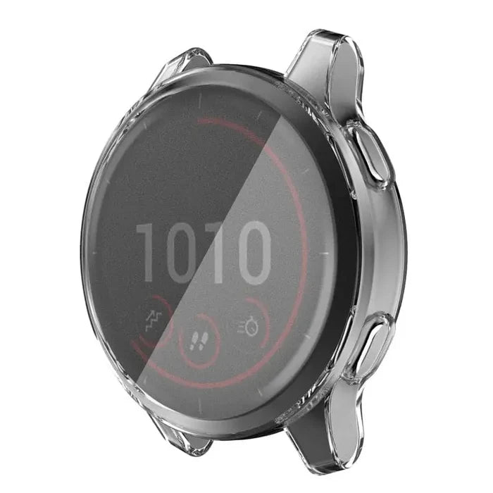 Clear protective case for Garmin Vivoactive 3 smartwatch by Habicare, showing the transparent cover fitting snugly around the device.