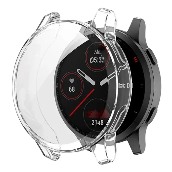 Clear Habicare protective case for Garmin Vivoactive 4S watch, showing the transparent cover fitting over the device.