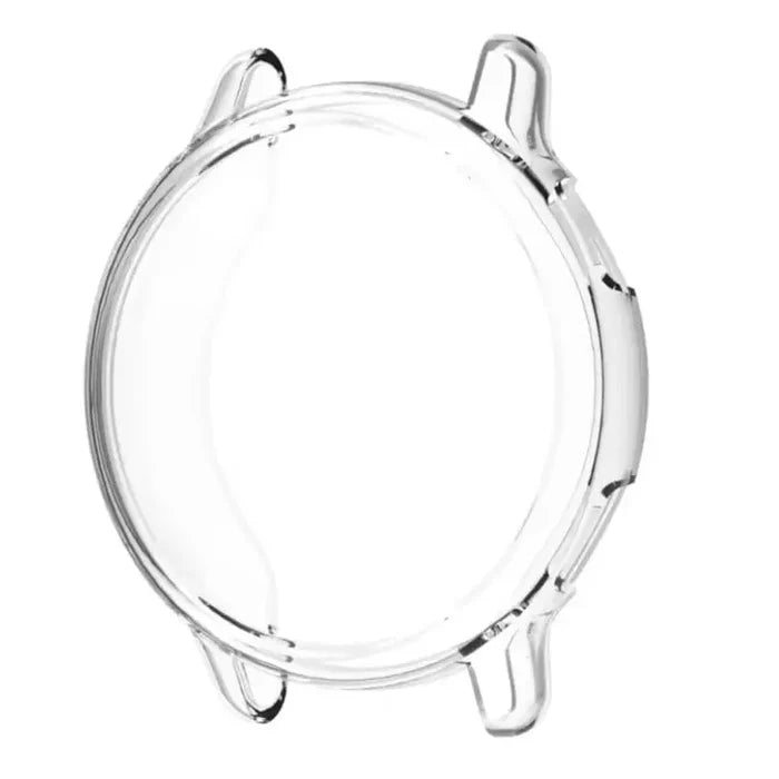 Clear Habicare protective watch case for Garmin Vivoactive 5, showing the transparent, snug-fit design on the watch.
