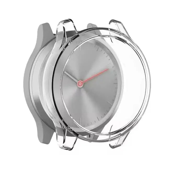 Clear Habicare protective case for Garmin Vivomove Sport watch, showcasing transparent coverage and precise fit.