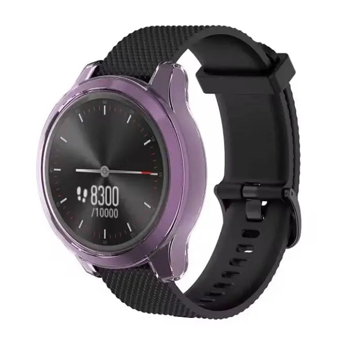 Purple Habicare protective watch case for Garmin Vivomove Sport, showing the slim, durable design on a watch with a purple band.