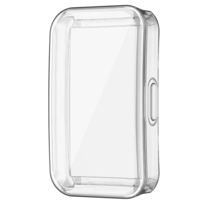 Clear protective case for Huawei Band 10 with flexible silicone watch screen protector, offers durable coverage and screen protection.