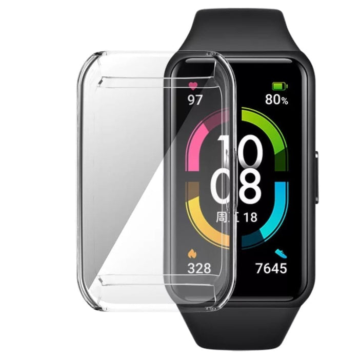 Clear protective case for Huawei Band 8 and 9, designed to shield the smartwatch from scratches and impacts.