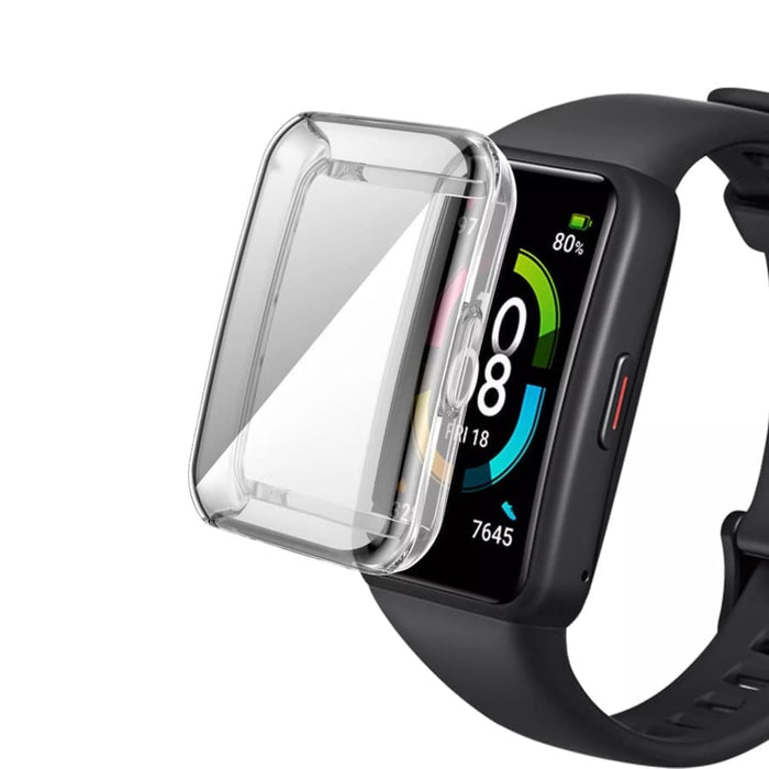 Clear protective case for Huawei Band 8 and 9, designed to safeguard the smartwatch with transparent, durable material.