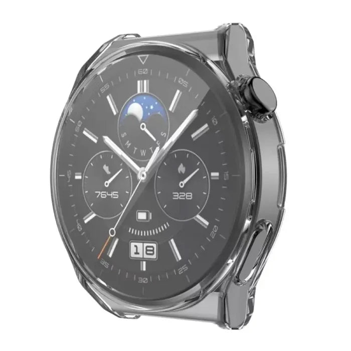 Clear Habicare protective case for Huawei GT 2 Pro smartwatch, showing the slim, transparent design around the watch face.
