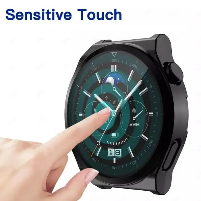Clear protective case for Huawei GT 2 Pro watch by Habicare, showing the transparent, snug-fit design on the watch face.