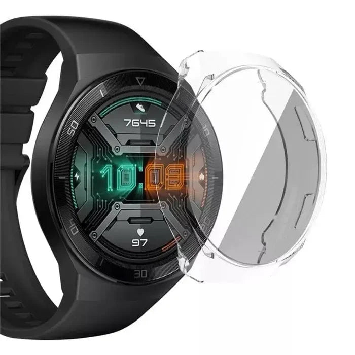 Clear Habicare protective case for Huawei GT 2e Sport watch, showcasing transparent impact-resistant cover on the watch face.