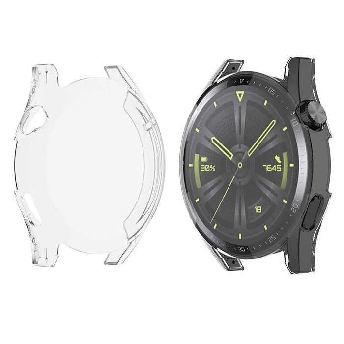 Clear protective watch case for Huawei GT 42mm, showing the transparent design and snug fit on the smartwatch.