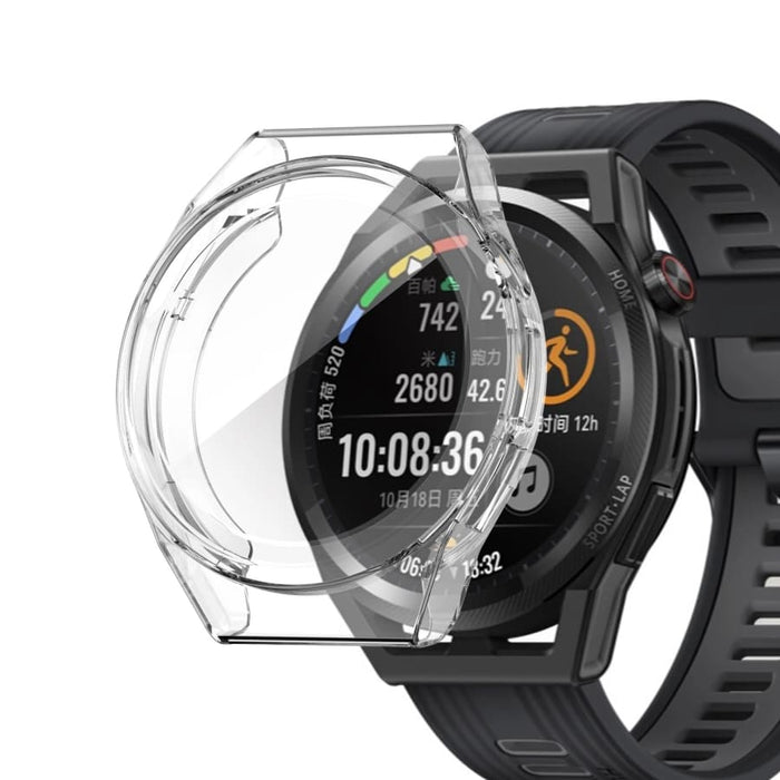 Clear protective watch case for Huawei GT Runner, made by That Watch Shop, shown on a smartwatch in the image.