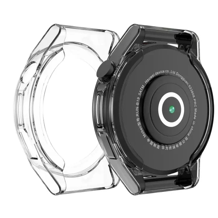 Clear protective case for Huawei GT Runner watch by Habicare, showing the transparent, snug-fit design on the watch.
