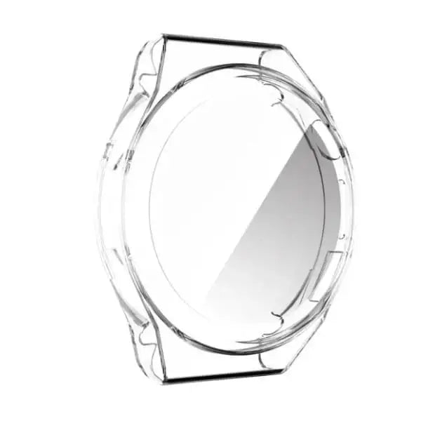 Clear Habicare protective case for Huawei GT Runner smartwatch, showing snug fit and transparent design for screen and band protection.