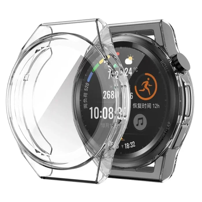 Clear Habicare protective case for Huawei GT Runner smartwatch, showing the transparent, snug-fit design on the watch.