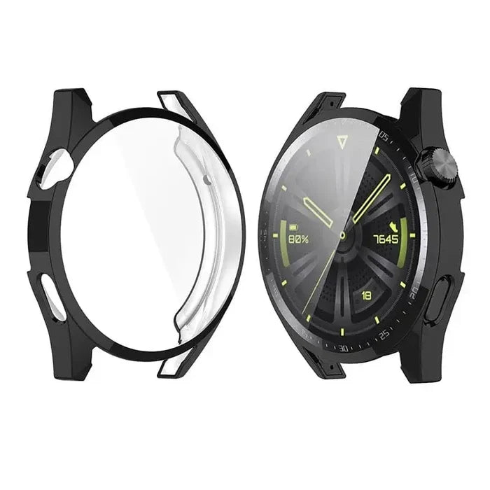 Black Habicare protective case for Huawei GT3 46mm smartwatch, durable cover with precise cutouts for screen and buttons.