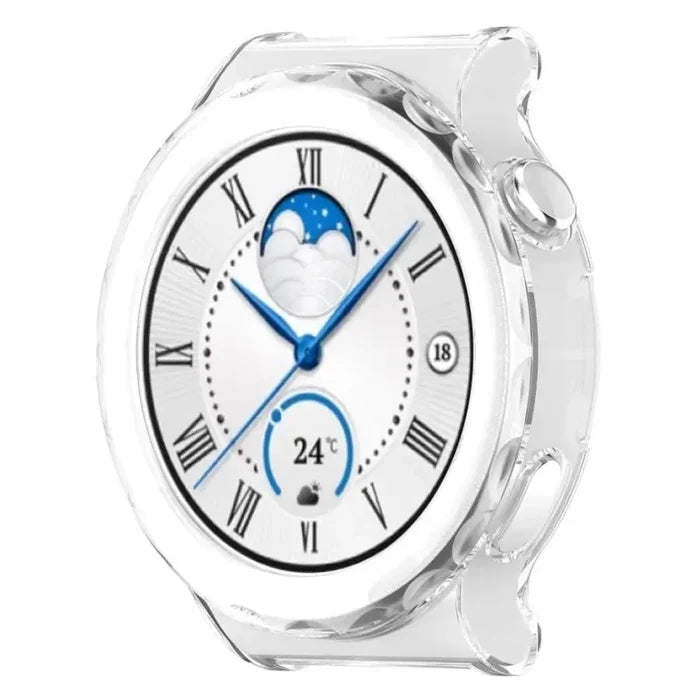 Clear protective case for Huawei GT3 Pro 43mm smartwatch by Habicare, showing the transparent, snug-fit watch cover.