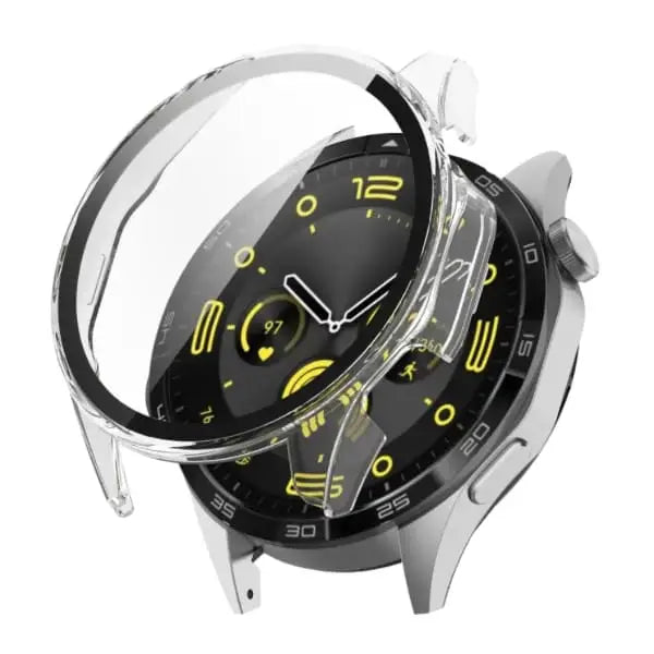 Clear protective case for Huawei GT4 41mm smartwatch by Habicare, shown fitted on the watch with transparent material.