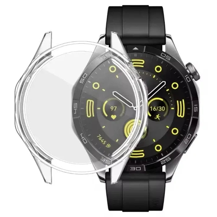 Clear Habicare protective case for Huawei GT4 46mm smartwatch, showing the transparent cover fitting the watch face and band.