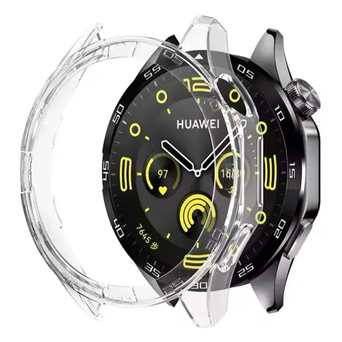 Clear Habicare protective case for Huawei GT4 46mm smartwatch, designed to safeguard the watch while showing its style.