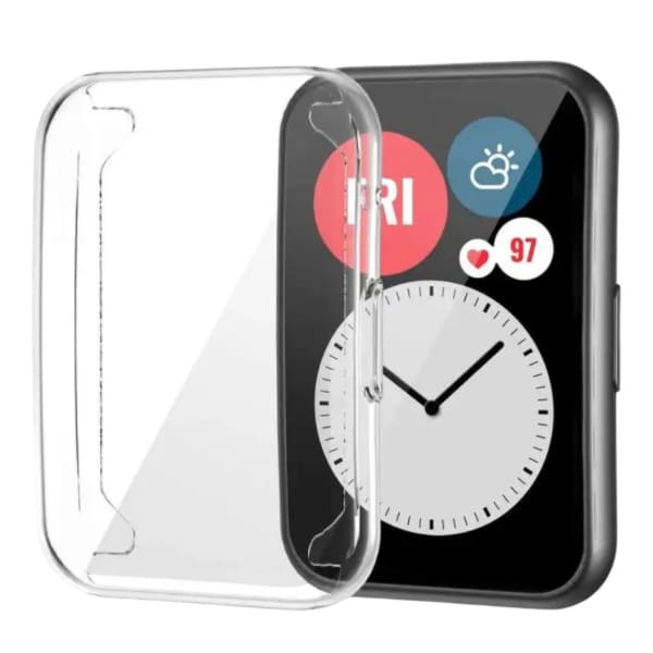 Clear protective case for Huawei Watch Fit 2, showing the slim, transparent design fitting snugly around the smartwatch.