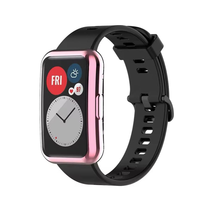 Pink protective case for Huawei Watch Fit 2 smartwatch, designed to protect and complement the black watch face.