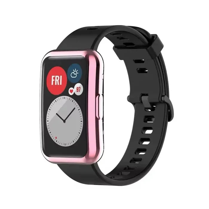 Pink Habicare protective case for Huawei Watch Fit 2, showcasing the durable, snug-fitting watch case designed for style and protection.