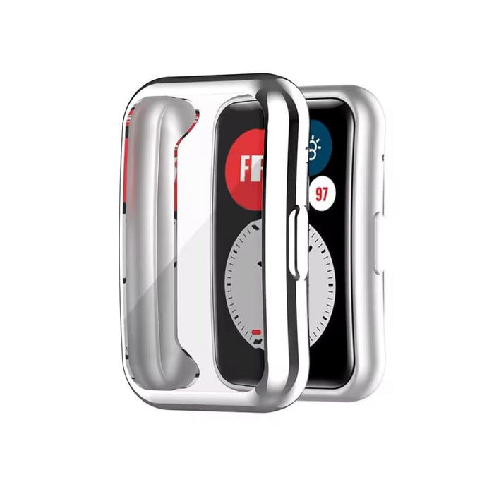 Silver protective case for Huawei Watch Fit 2, designed to shield the smartwatch with a sleek, durable cover.