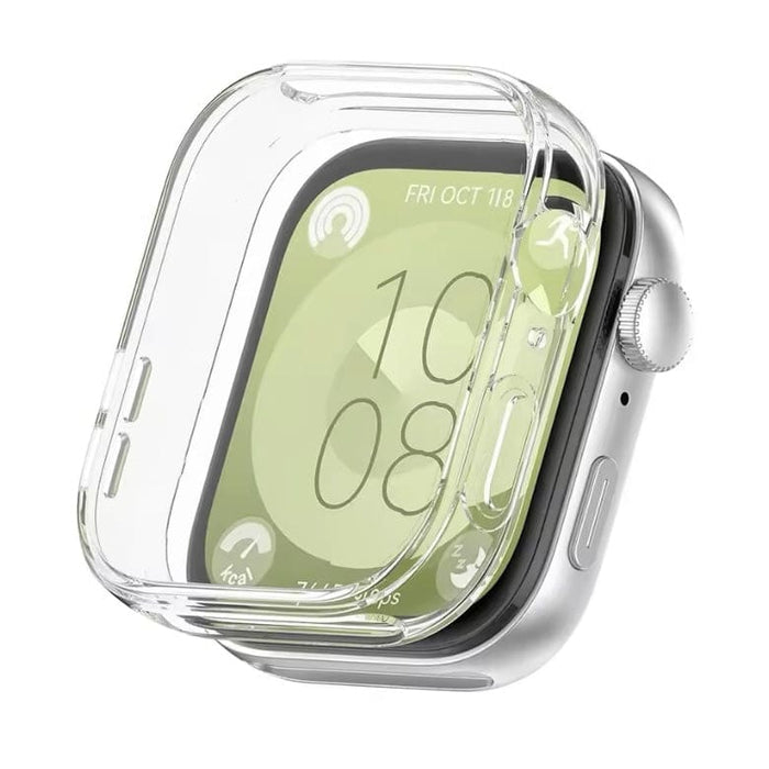 Clear protective case for Huawei Watch Fit 3 smartwatch, showcasing a silver frame and transparent cover.
