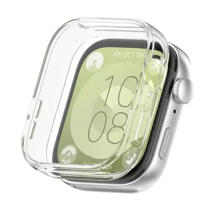 Clear protective case for Huawei Watch Fit 3 by Habicare, showing the transparent design fitting over the smartwatch.