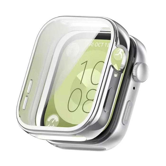 Silver protective case for Huawei Watch Fit 3, designed by That Watch Shop, showing a sleek watch with the case fitted.