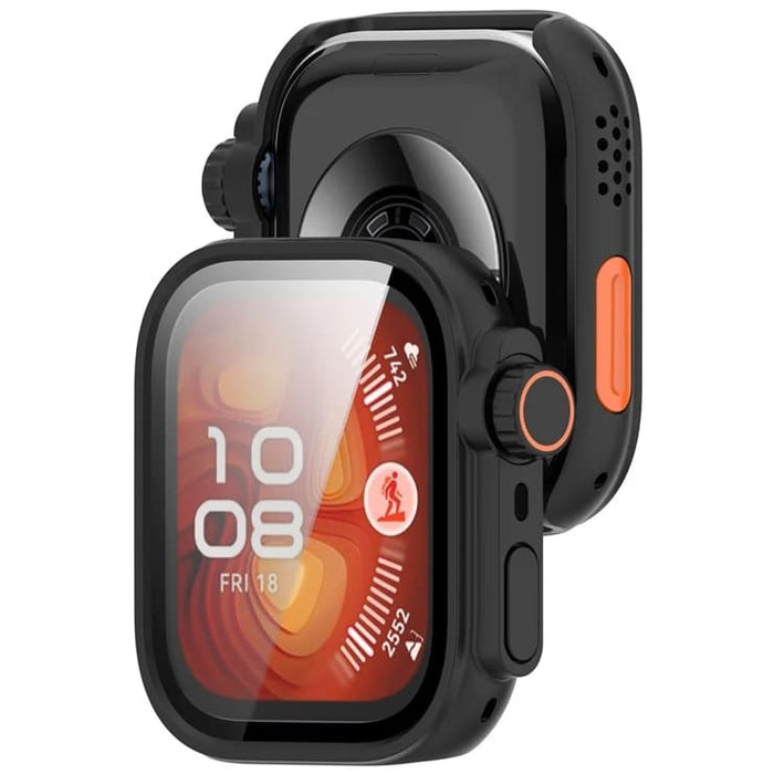 Black protective case and screen protector for Huawei Watch Fit 4, designed by That Watch Shop, showing the watch with the case fitted.