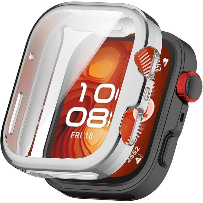 Silver protective case for Huawei Watch Fit 4 with screen protector, designed to safeguard the watch from scratches and impacts.