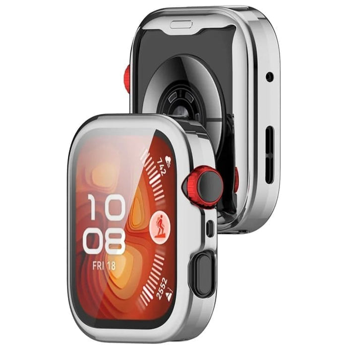 Silver Huawei Watch Fit 4 protective case with screen protector from That Watch Shop, designed to safeguard the watch.