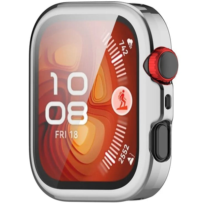 Silver protective case for Huawei Watch Fit 4 with screen protector, designed to safeguard and enhance the watch's appearance.