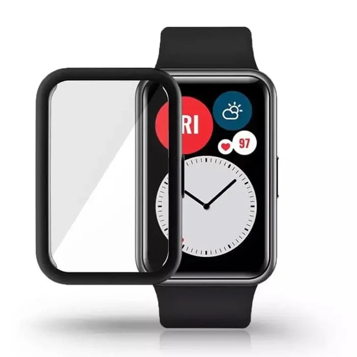Black Habicare protective case for Huawei Watch Fit, showing the durable, snug-fitting cover on the smartwatch.