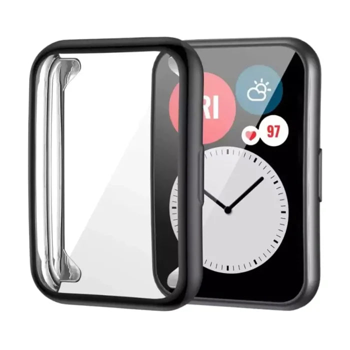 Black Habicare protective case for Huawei Watch Fit, showing the durable, snug-fit design on the smartwatch.