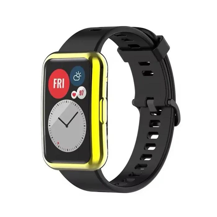 Gold Habicare protective case for Huawei Watch Fit, showing snug fit and clear coverage around the watch.