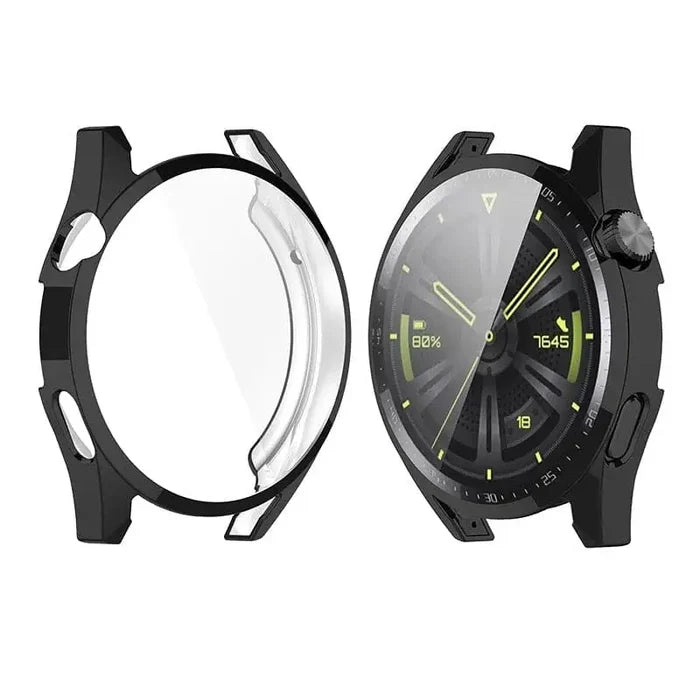 Black Habicare protective case for Huawei Watch GT 46mm, showing the sleek, durable cover fitting snugly around the watch.