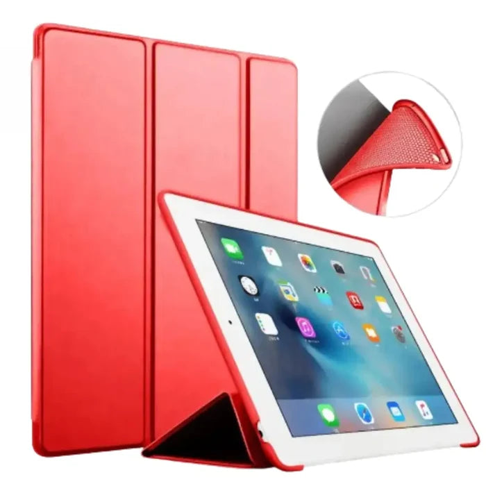 Red 9eight5 protective case for iPad series by Habicare, showing the slim, durable design with precise cutouts.