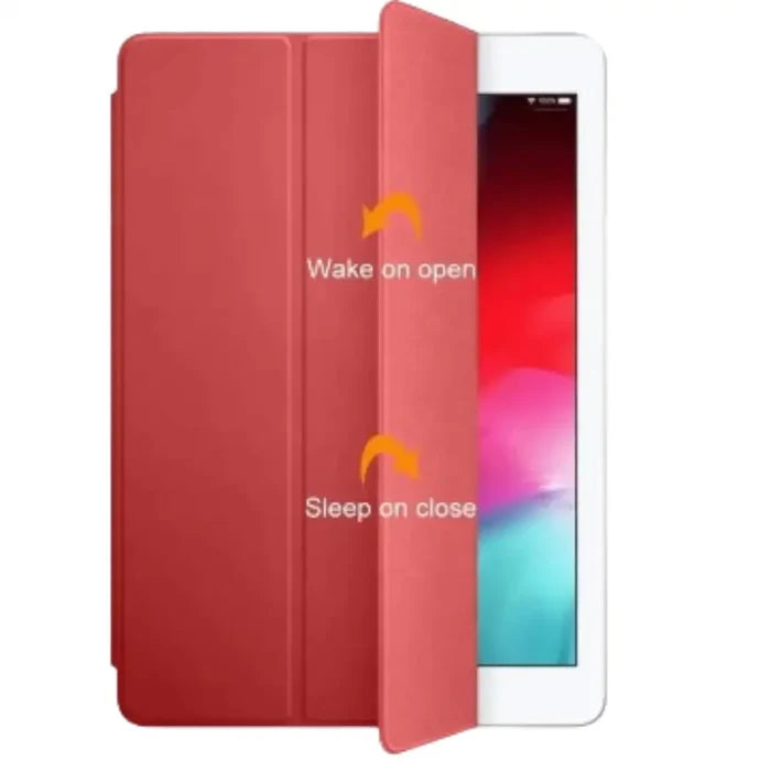 Red Habicare 9eight5 protective case for iPad series, showing the slim, durable design with precise cutouts for ports and buttons.