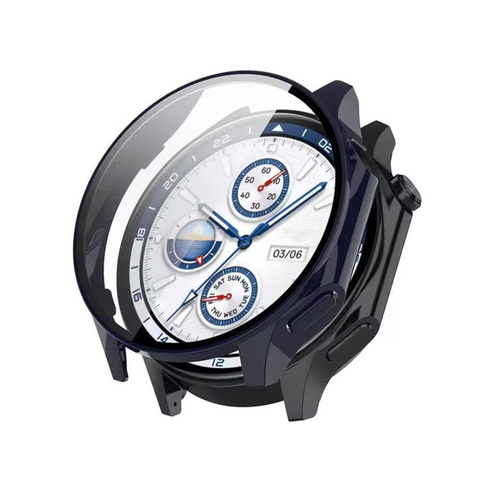 Black protective watch case for Oppo Watch X, designed by That Watch Shop, shown on the watch in a close-up image.