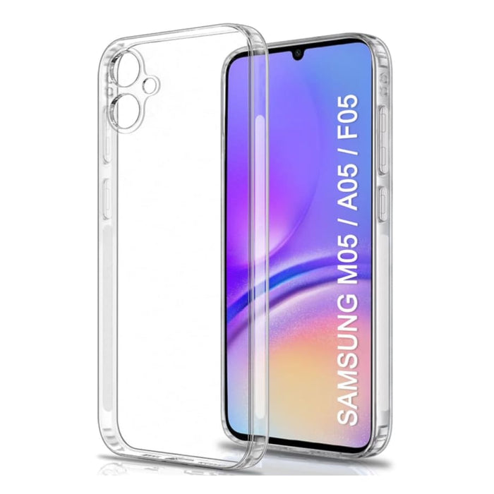Clear protective case for Samsung Galaxy A05 with built-in screen protector, by 9eight5, showcasing slim, transparent design.