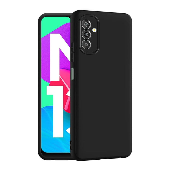 Black protective case and screen protector for Samsung Galaxy M13 by 9eight5, showing the case's slim design and screen guard.