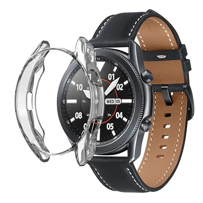 Clear Habicare protective case for Samsung Galaxy Watch 3 45mm, showing the watch with the transparent cover on a white background.