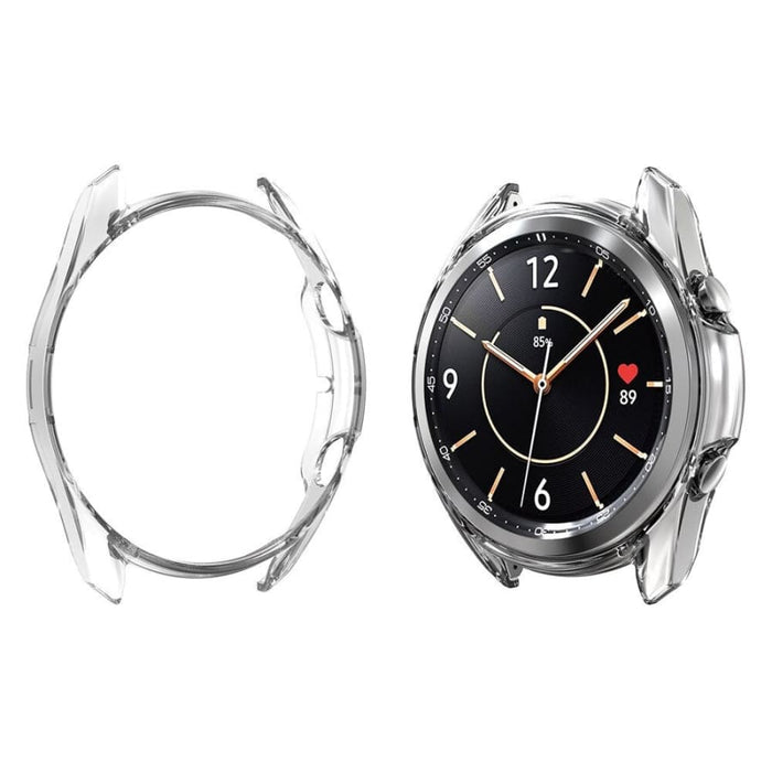 Clear protective case for Samsung Galaxy Watch 3 45mm, designed by That Watch Shop, showing the case fitted on the watch.