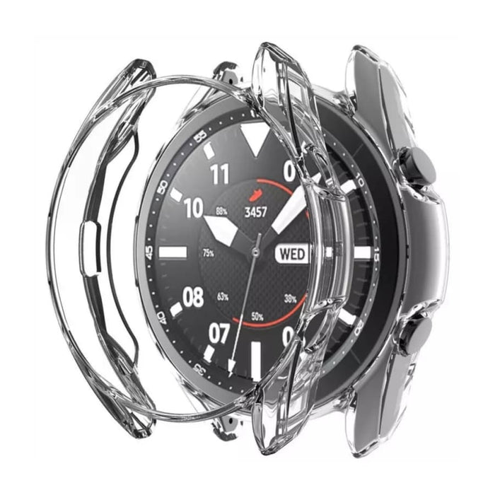 Clear protective case for Samsung Galaxy Watch 3 45mm, made by That Watch Shop, shown on the watch in this image.