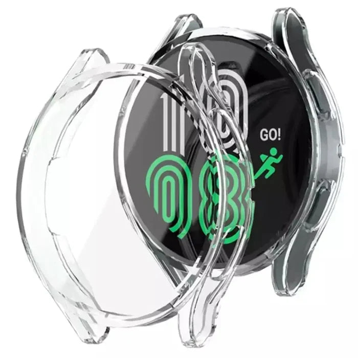 Clear protective case for Samsung Galaxy Watch 4 44mm by Habicare, showing the transparent watch cover on the device.