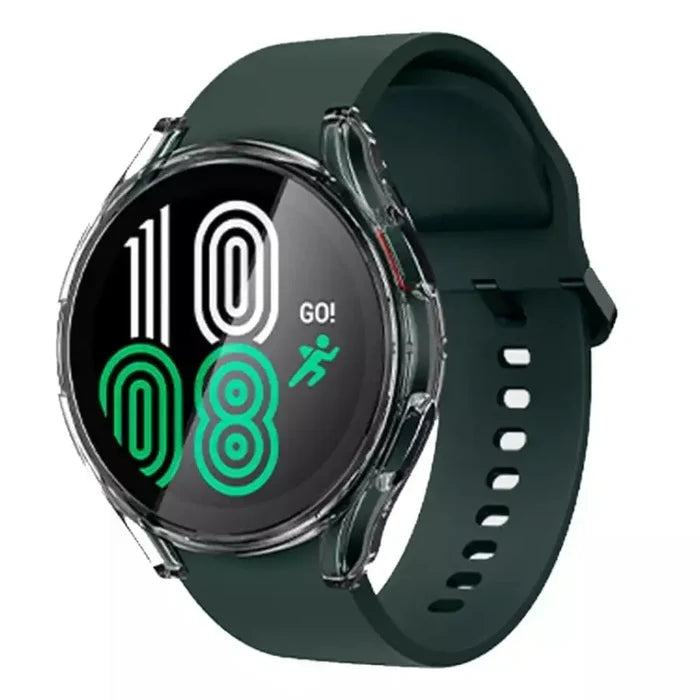 Clear protective case for Samsung Galaxy Watch 4 44mm by Habicare, showcasing the case fitted around the watch face and band.