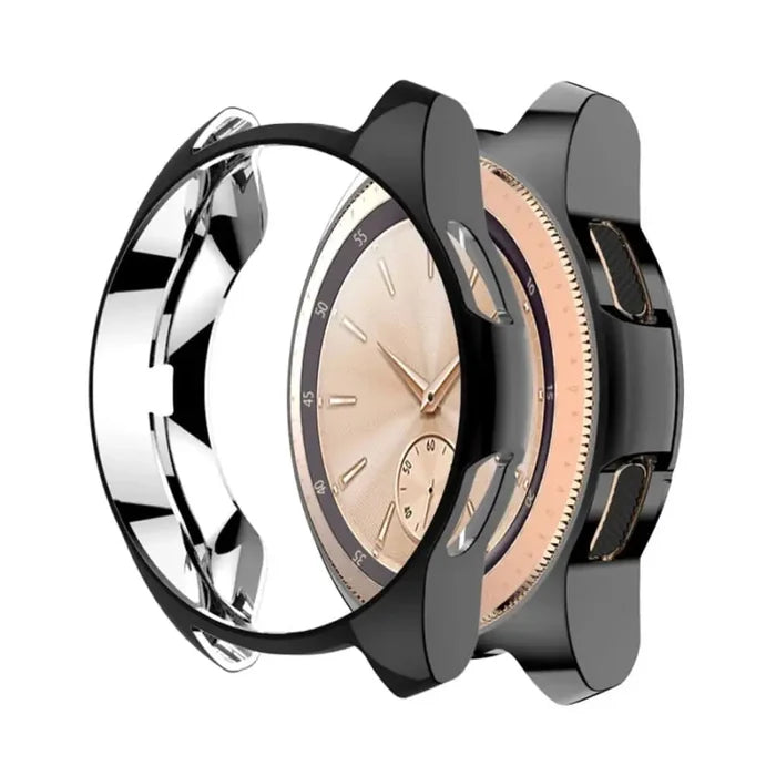 Black Habicare protective case for Samsung Galaxy Watch 46mm, showing the snug fit and durable material.