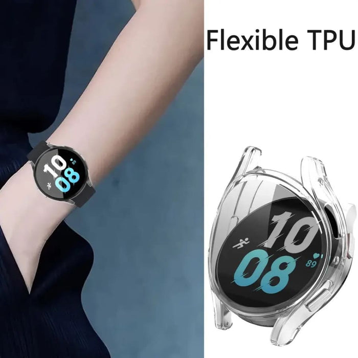 Clear protective case for Samsung Galaxy Watch 5 (40mm) by That Watch Shop, showing the transparent watch cover on the device.