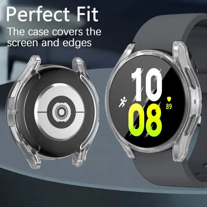 Clear protective case for Samsung Galaxy Watch 5 (40mm), made by That Watch Shop, shown on a black smartwatch.