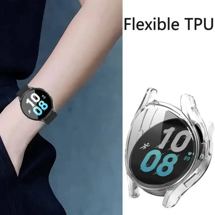 Clear Habicare protective case for Samsung Galaxy Watch 5 44mm, showing the slim, transparent design fitting the smartwatch.